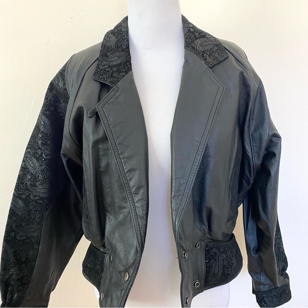 Vintage Wilson Leather Jacket Black XS Paisley Motorcycle Jacket 80’s 90’s Crop - Picture 4 of 16